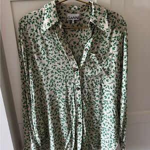 Ganni Cream Button-Up Shirt with Green Leaf Print